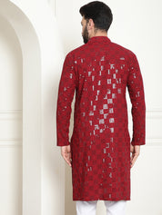 Men's Cotton Embroidered Sequinned Maroon Long Kurta