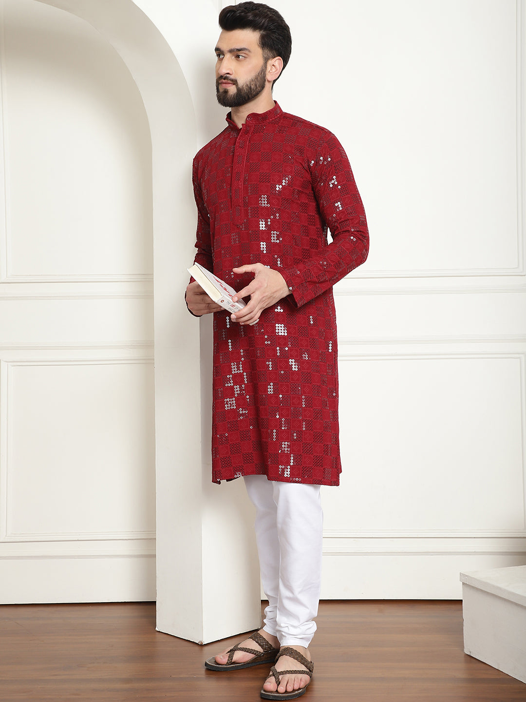 Men's Cotton Embroidered Sequinned Maroon Kurta With white churidar Pyjama