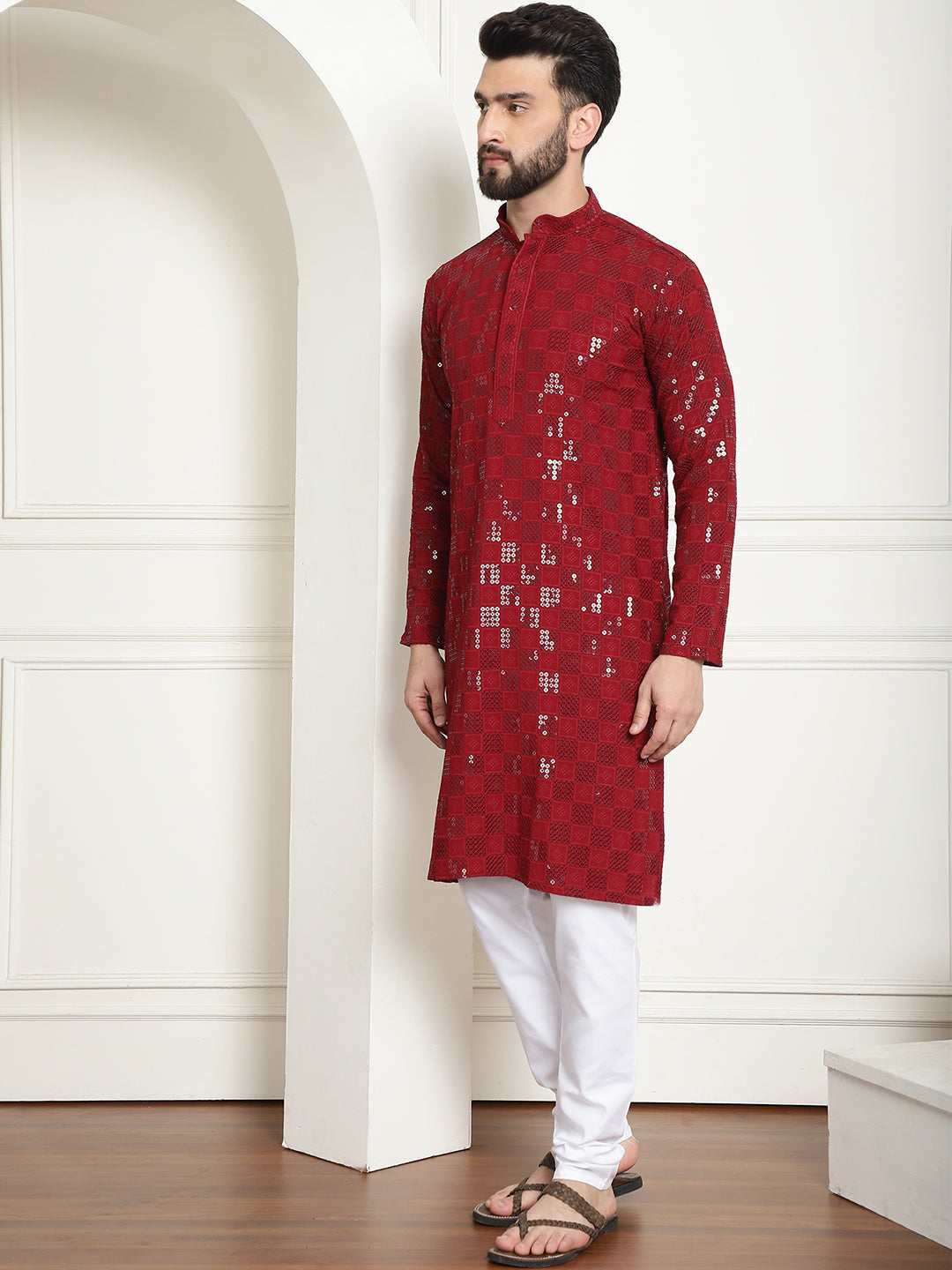 Men's Cotton Embroidered Sequinned Maroon Kurta With white churidar Pyjama