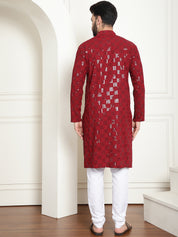 Men's Cotton Embroidered Sequinned Maroon Kurta With white churidar Pyjama