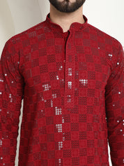 Men's Cotton Embroidered Sequinned Maroon Kurta With white churidar Pyjama