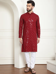 Men's Cotton Embroidered Sequinned Maroon Kurta With white churidar Pyjama