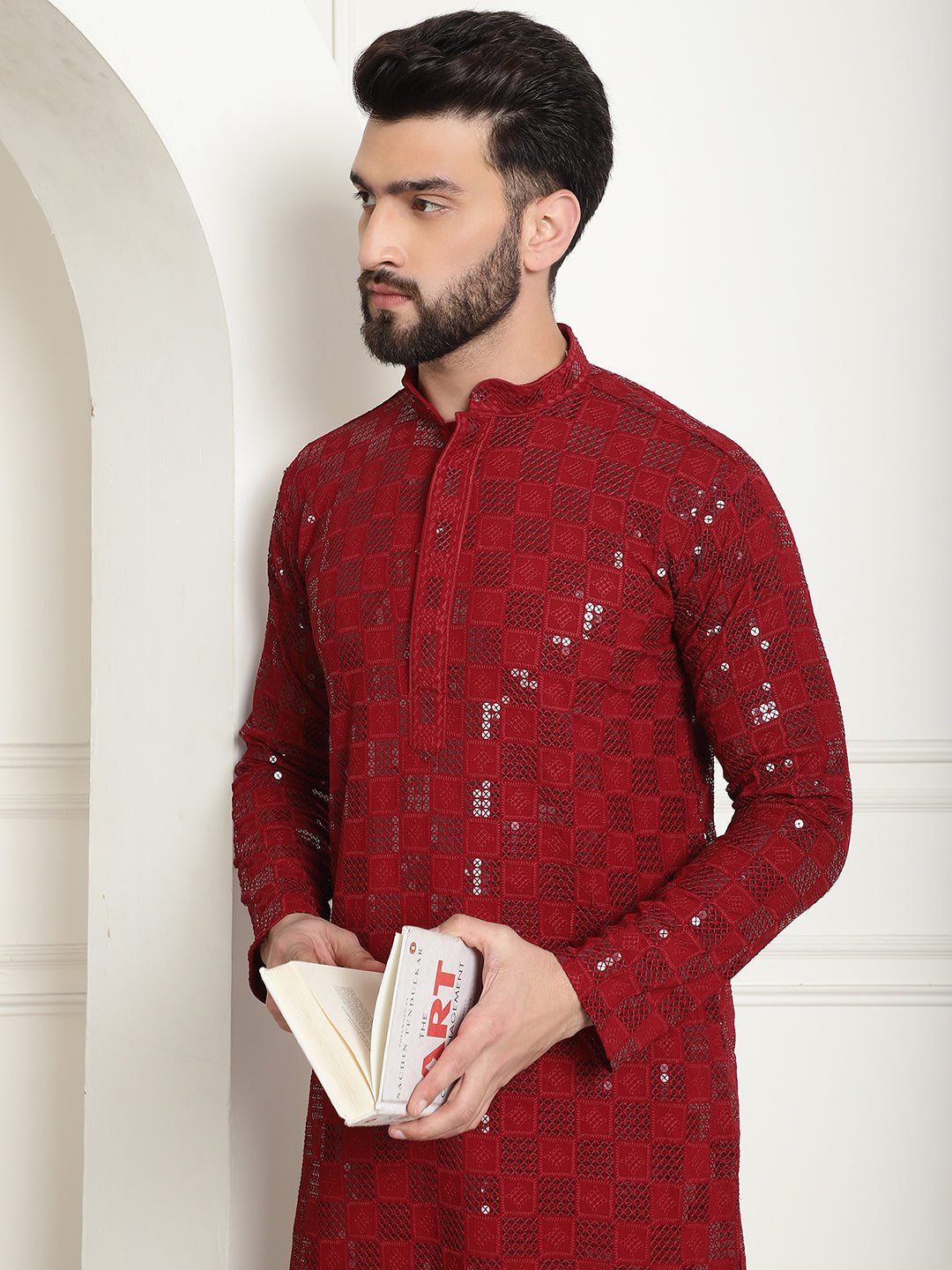 Men's Cotton Embroidered Sequinned Maroon Kurta With white churidar Pyjama