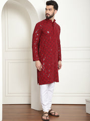 Men's Cotton Embroidered Sequinned Maroon Kurta With white churidar Pyjama