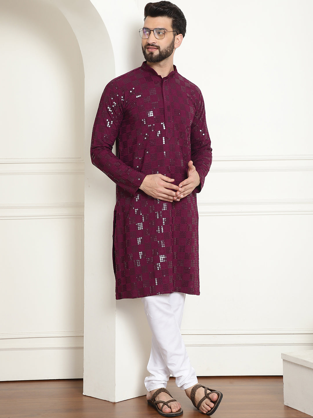 Men's Cotton Embroidered Sequinned Purple Kurta With white churidar Pyjama