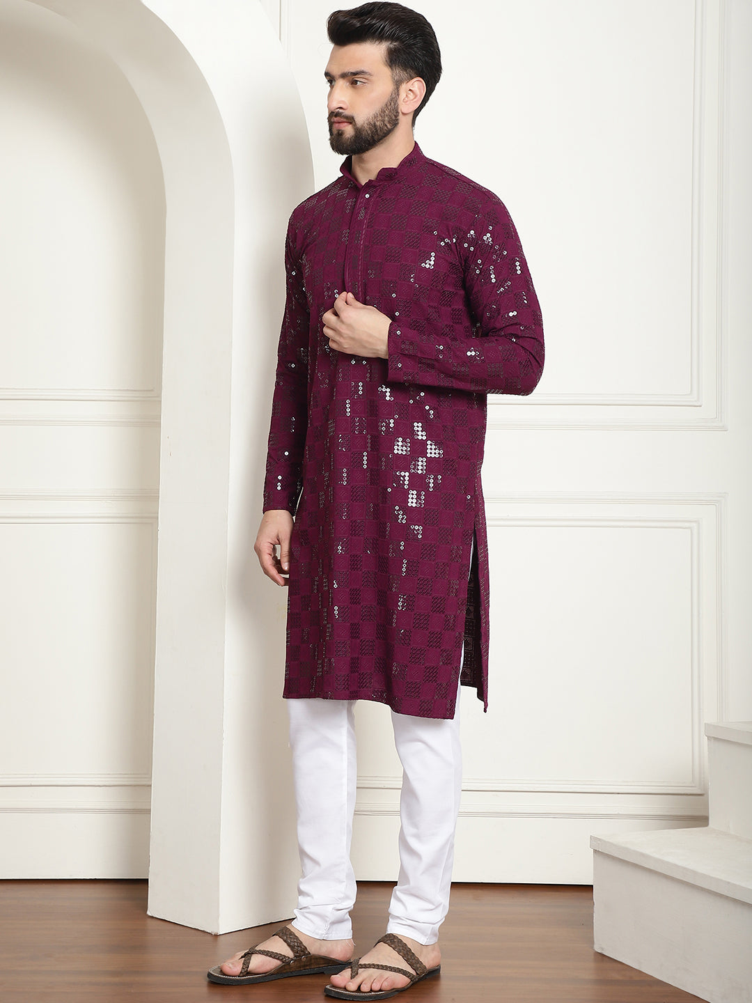 Men's Cotton Embroidered Sequinned Purple Kurta With white churidar Pyjama