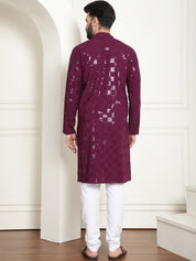 Men's Cotton Embroidered Sequinned Purple Kurta With white churidar Pyjama