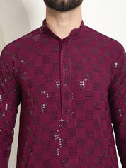 Men's Cotton Embroidered Sequinned Purple Kurta With white churidar Pyjama