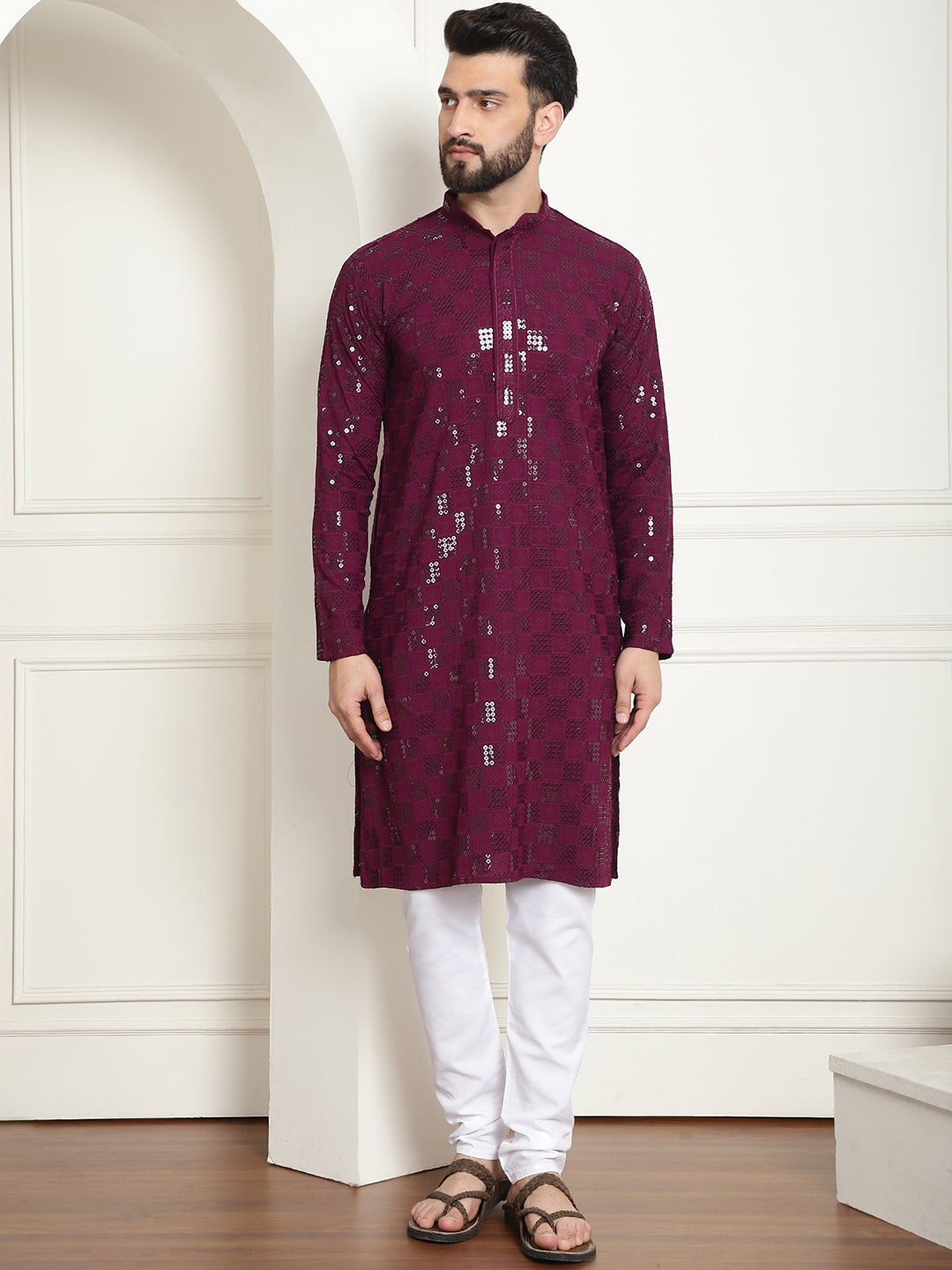 Men's Cotton Embroidered Sequinned Purple Kurta With white churidar Pyjama