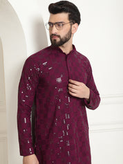 Men's Cotton Embroidered Sequinned Purple Kurta With white churidar Pyjama