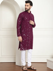 Men's Cotton Embroidered Sequinned Purple Kurta With white churidar Pyjama