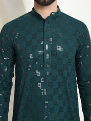 Men's Cotton Embroidered Sequinned Green Long Kurta
