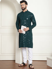 Men's Cotton Embroidered Sequinned Green Kurta With white churidar Pyjama