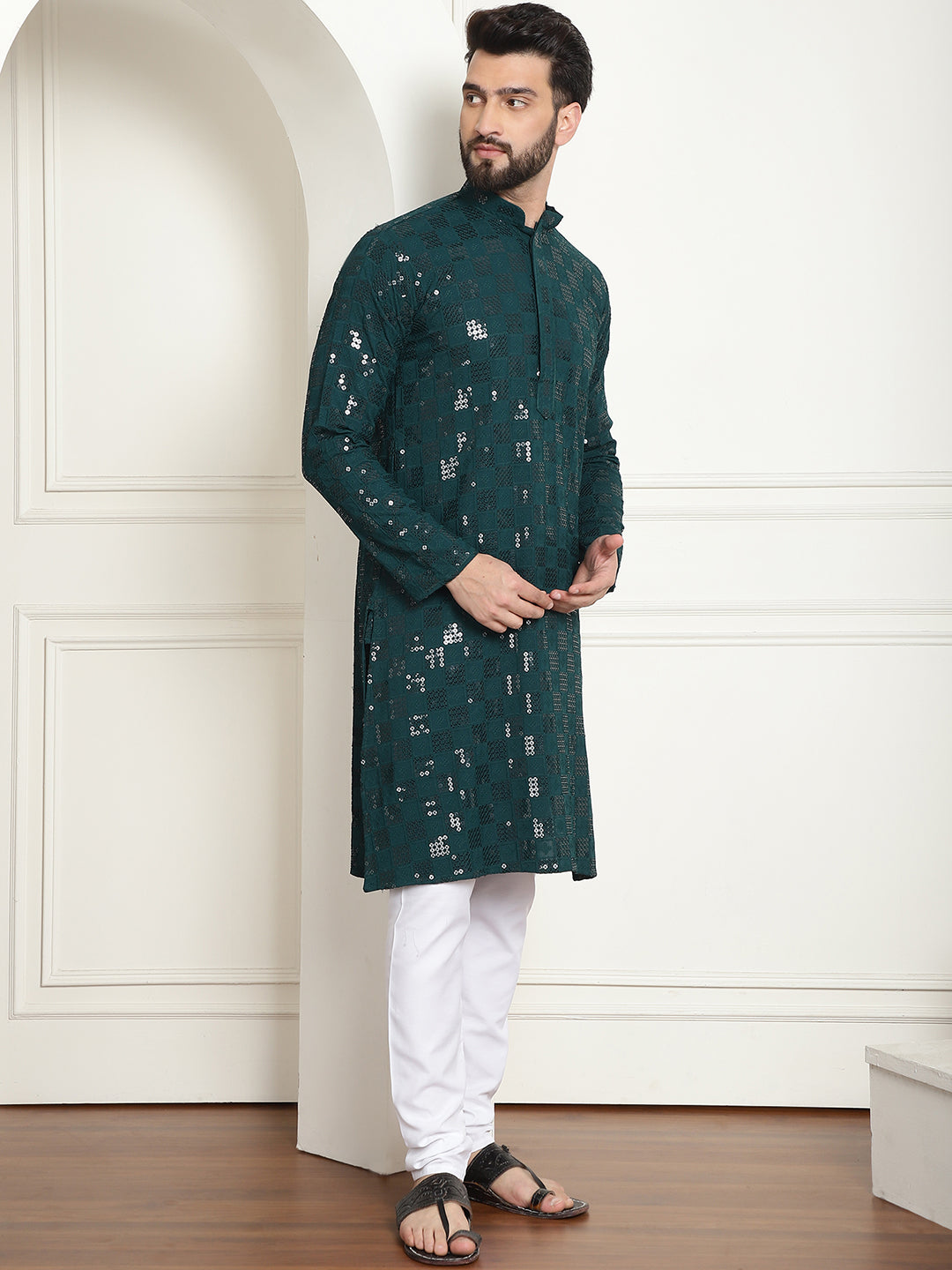 Men's Cotton Embroidered Sequinned Green Kurta With white churidar Pyjama