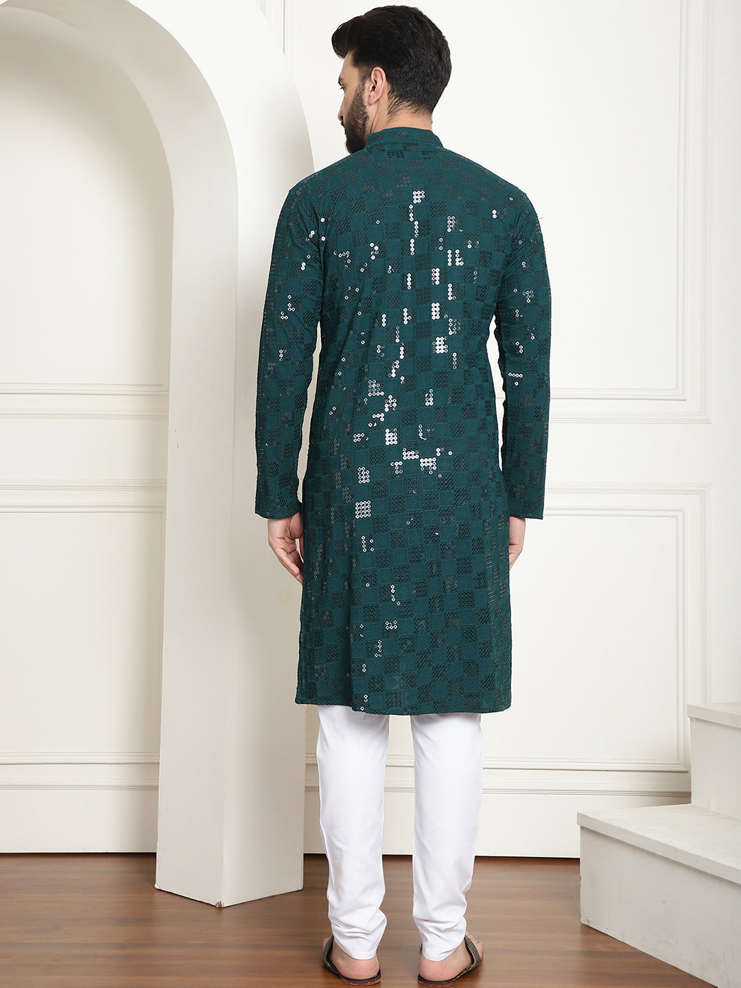 Men's Cotton Embroidered Sequinned Green Kurta With white churidar Pyjama