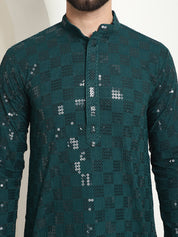 Men's Cotton Embroidered Sequinned Green Kurta With white churidar Pyjama