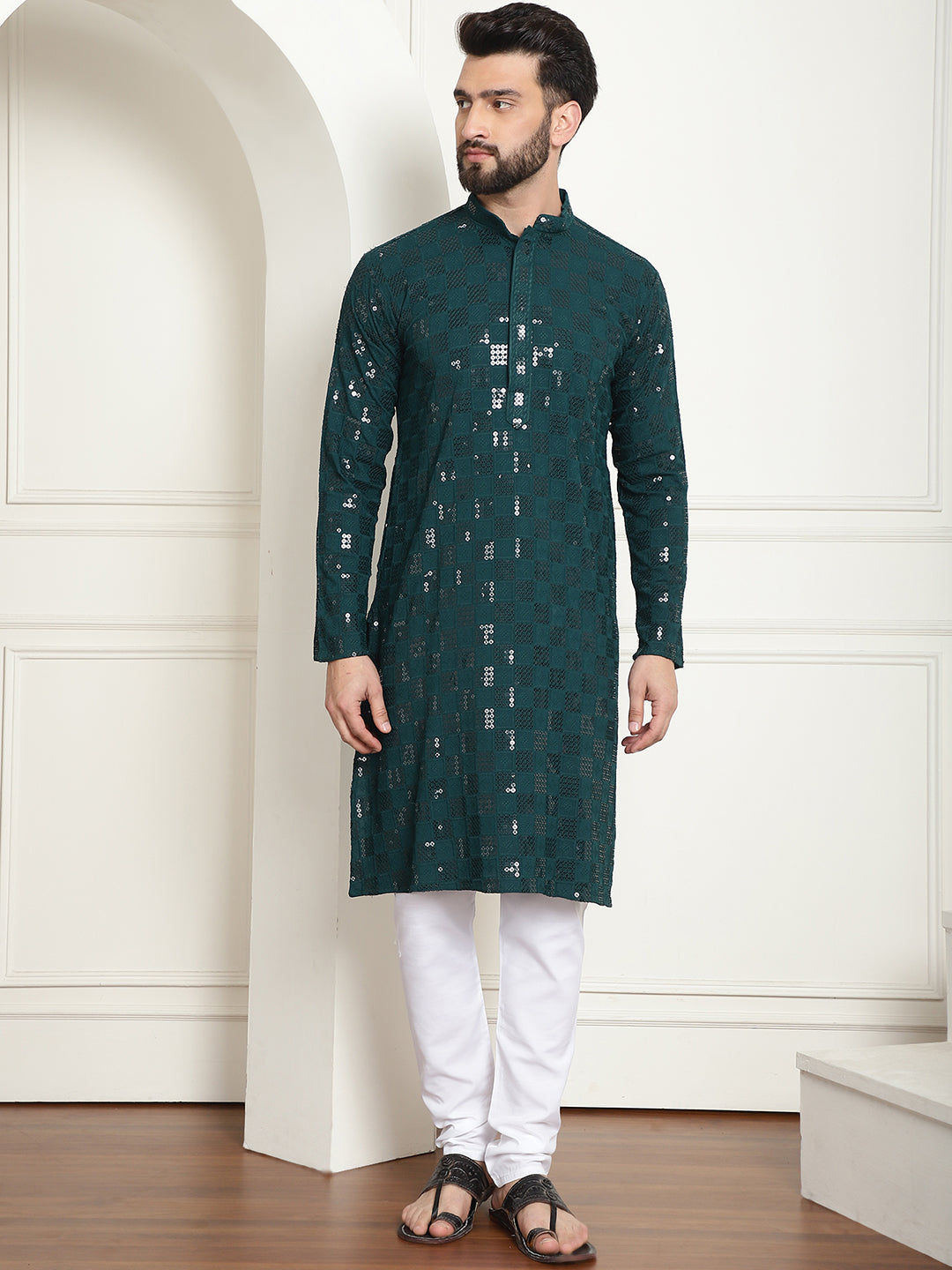 Men's Cotton Embroidered Sequinned Green Kurta With white churidar Pyjama