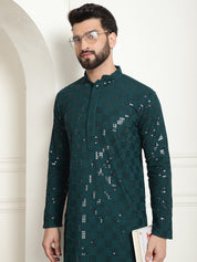 Men's Cotton Embroidered Sequinned Green Kurta With white churidar Pyjama