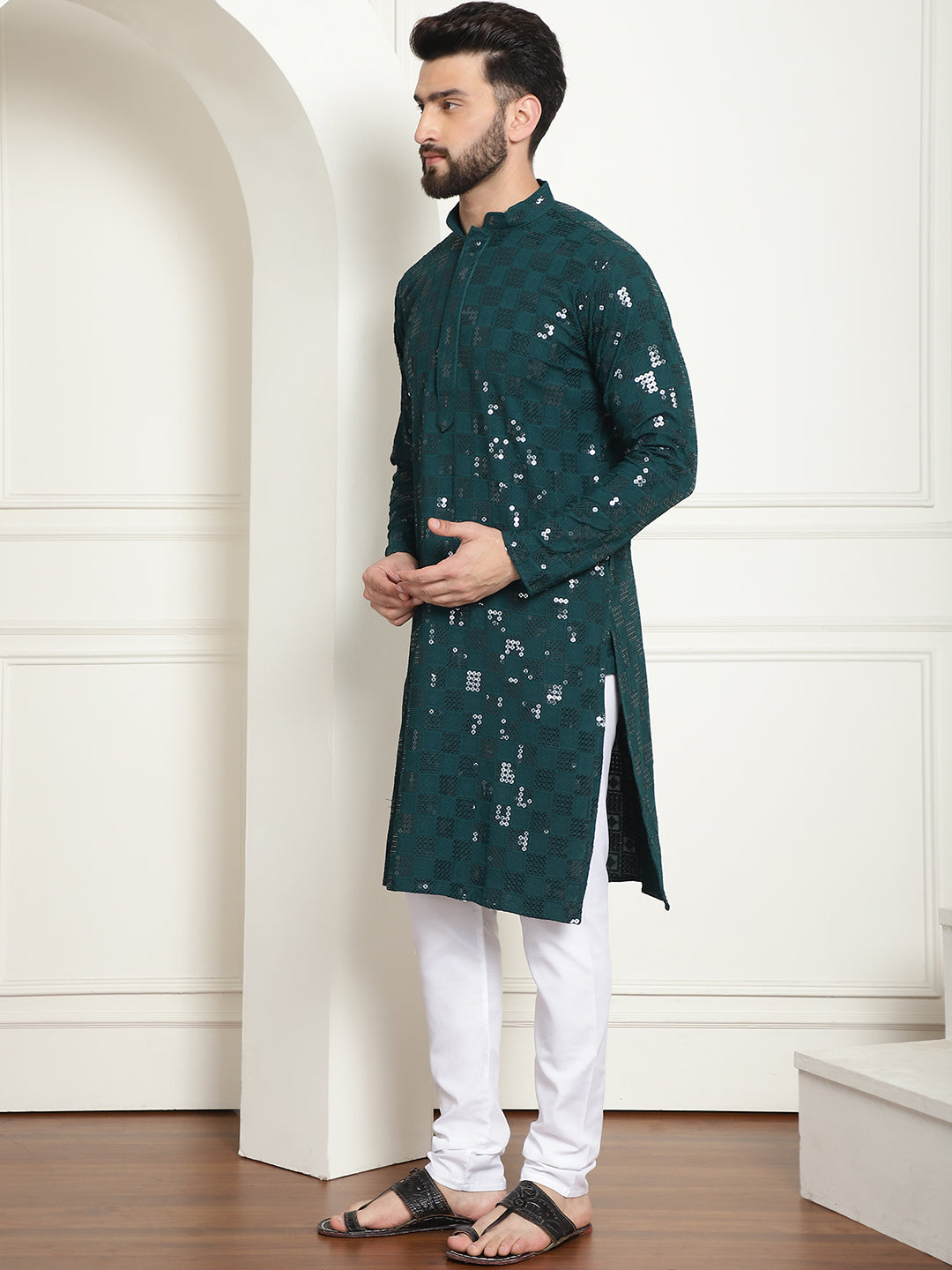 Men's Cotton Embroidered Sequinned Green Kurta With white churidar Pyjama