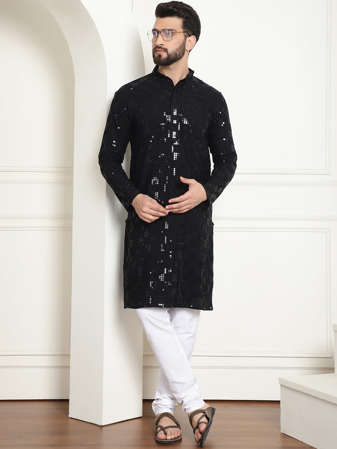 Men's Cotton Embroidered Sequinned Black Kurta With white churidar Pyjama