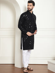 Men's Cotton Embroidered Sequinned Black Kurta With white churidar Pyjama