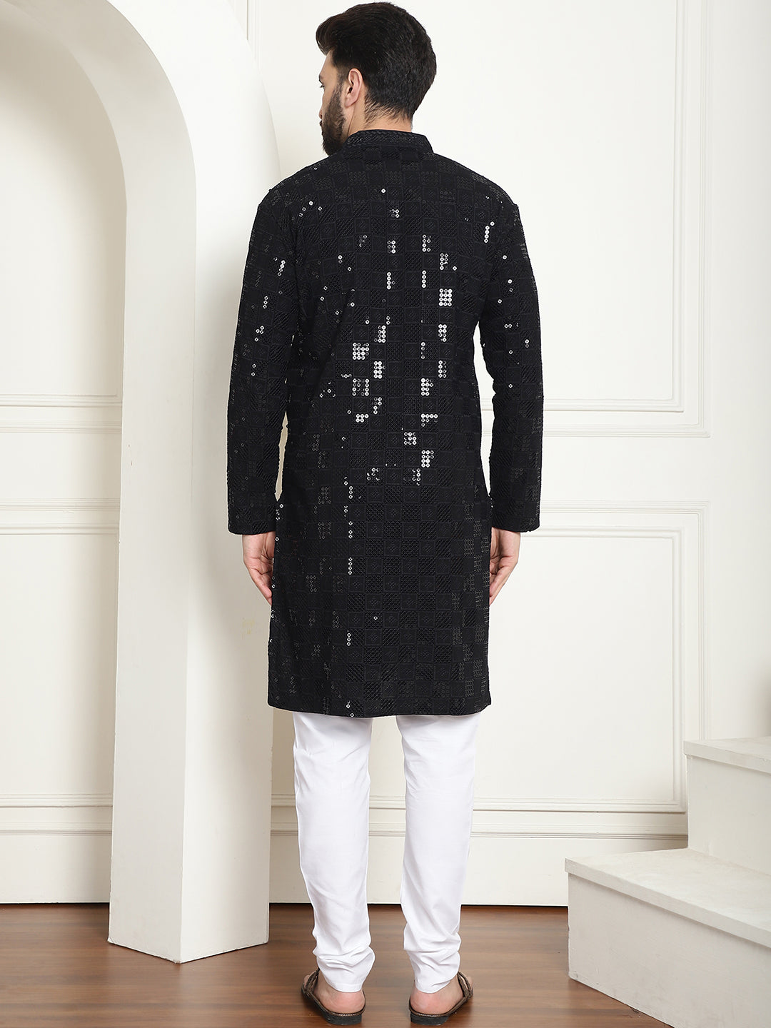 Men's Cotton Embroidered Sequinned Black Kurta With white churidar Pyjama