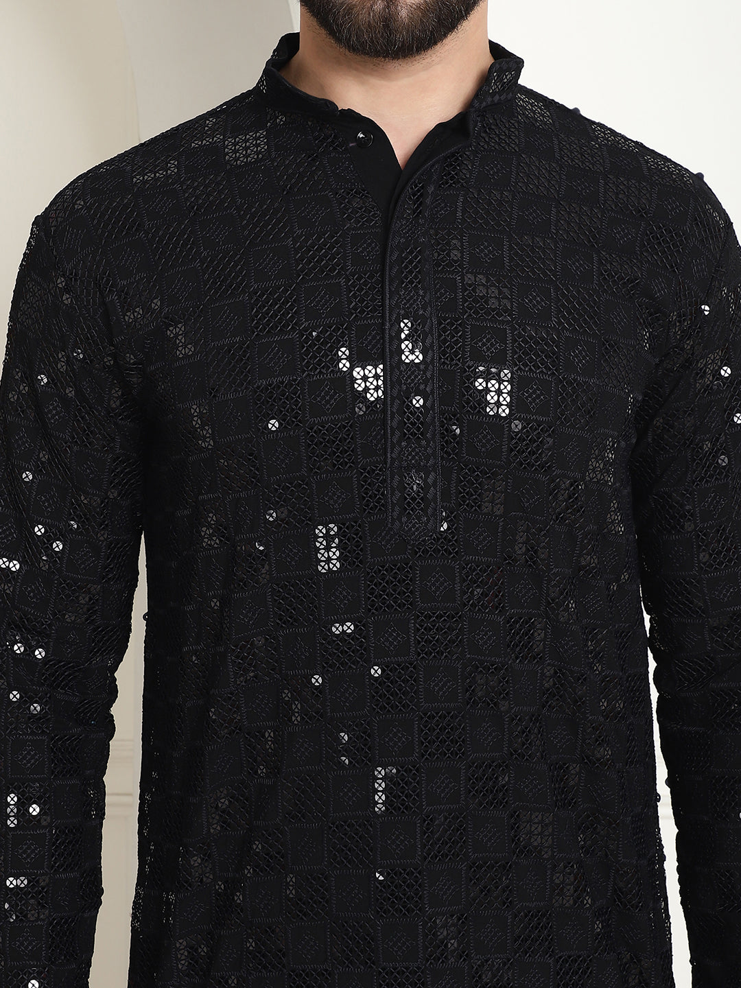 Men's Cotton Embroidered Sequinned Black Kurta With white churidar Pyjama