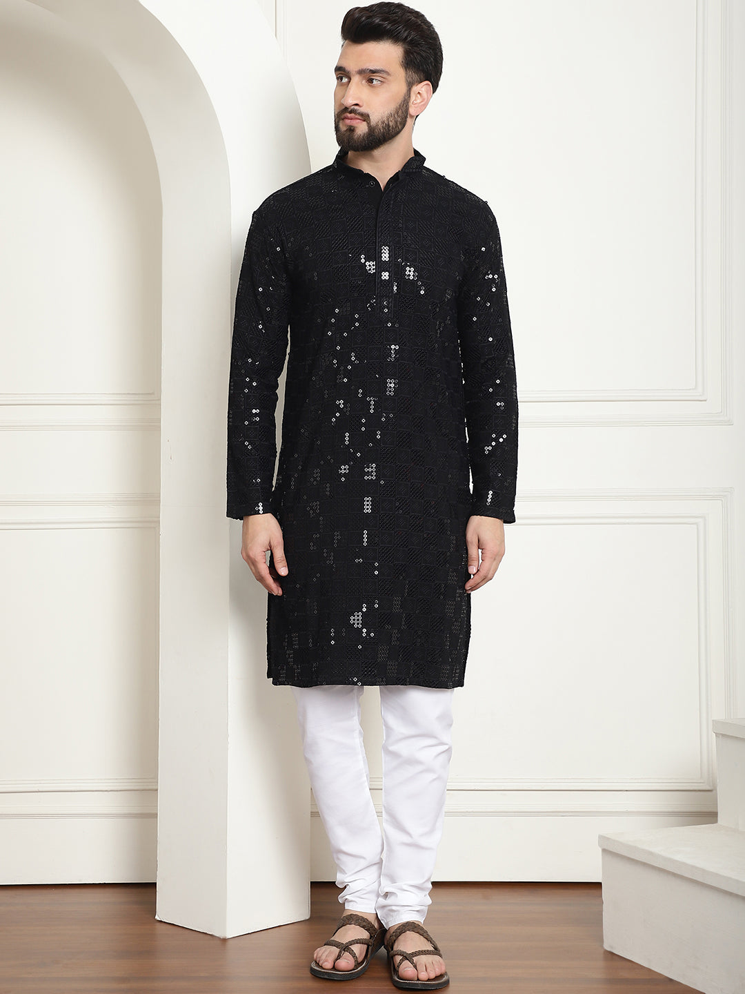 Men's Cotton Embroidered Sequinned Black Kurta With white churidar Pyjama