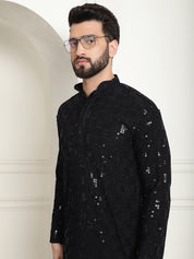 Men's Cotton Embroidered Sequinned Black Kurta With white churidar Pyjama