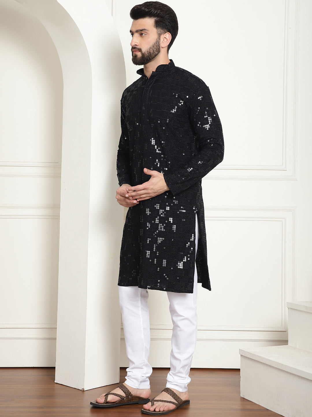 Men's Cotton Embroidered Sequinned Black Kurta With white churidar Pyjama