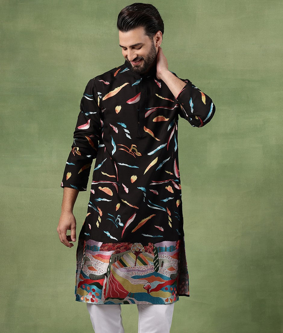 Men's Cotton Multicolor Abstract Embroidered Black Long Kurta