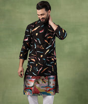 Men's Cotton Multicolor Abstract Embroidered Black Long Kurta