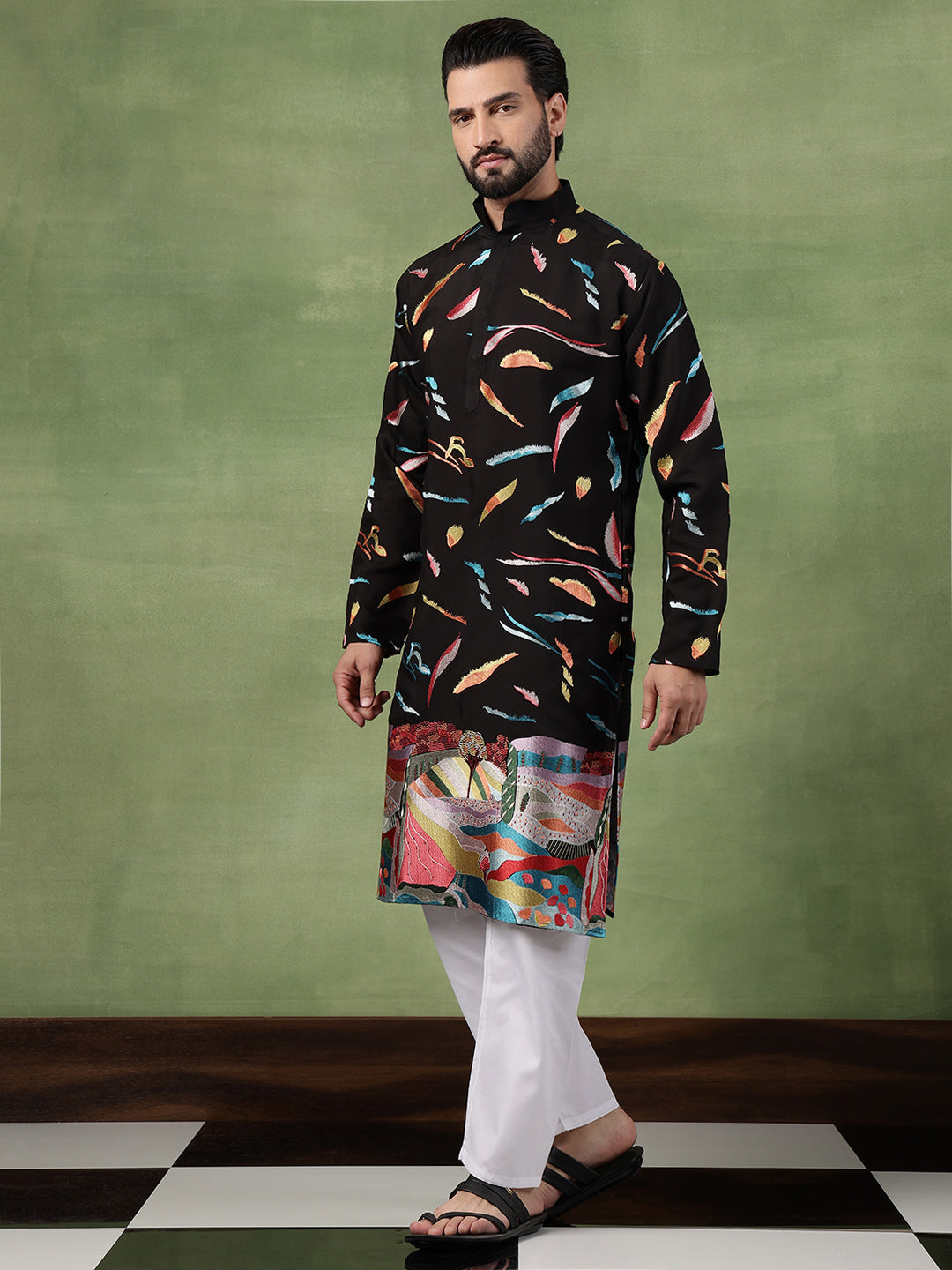 Men's Cotton Multicolor Abstract Embroidered Black Long Kurta