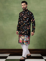 Men's Cotton Multicolor Abstract Embroidered Black Long Kurta