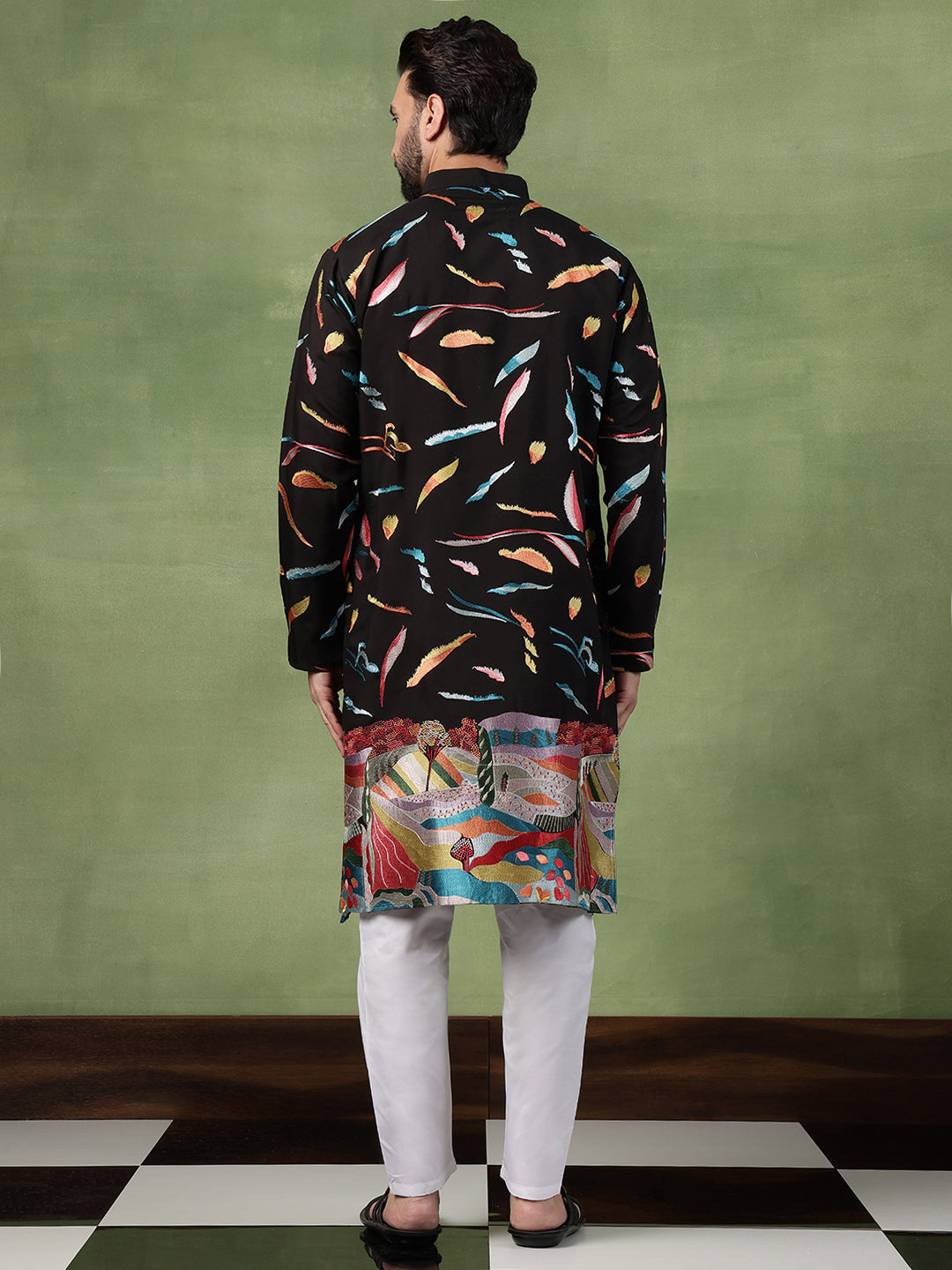 Men's Cotton Multicolor Abstract Embroidered Black Long Kurta