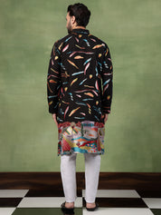 Men's Cotton Multicolor Abstract Embroidered Black Long Kurta