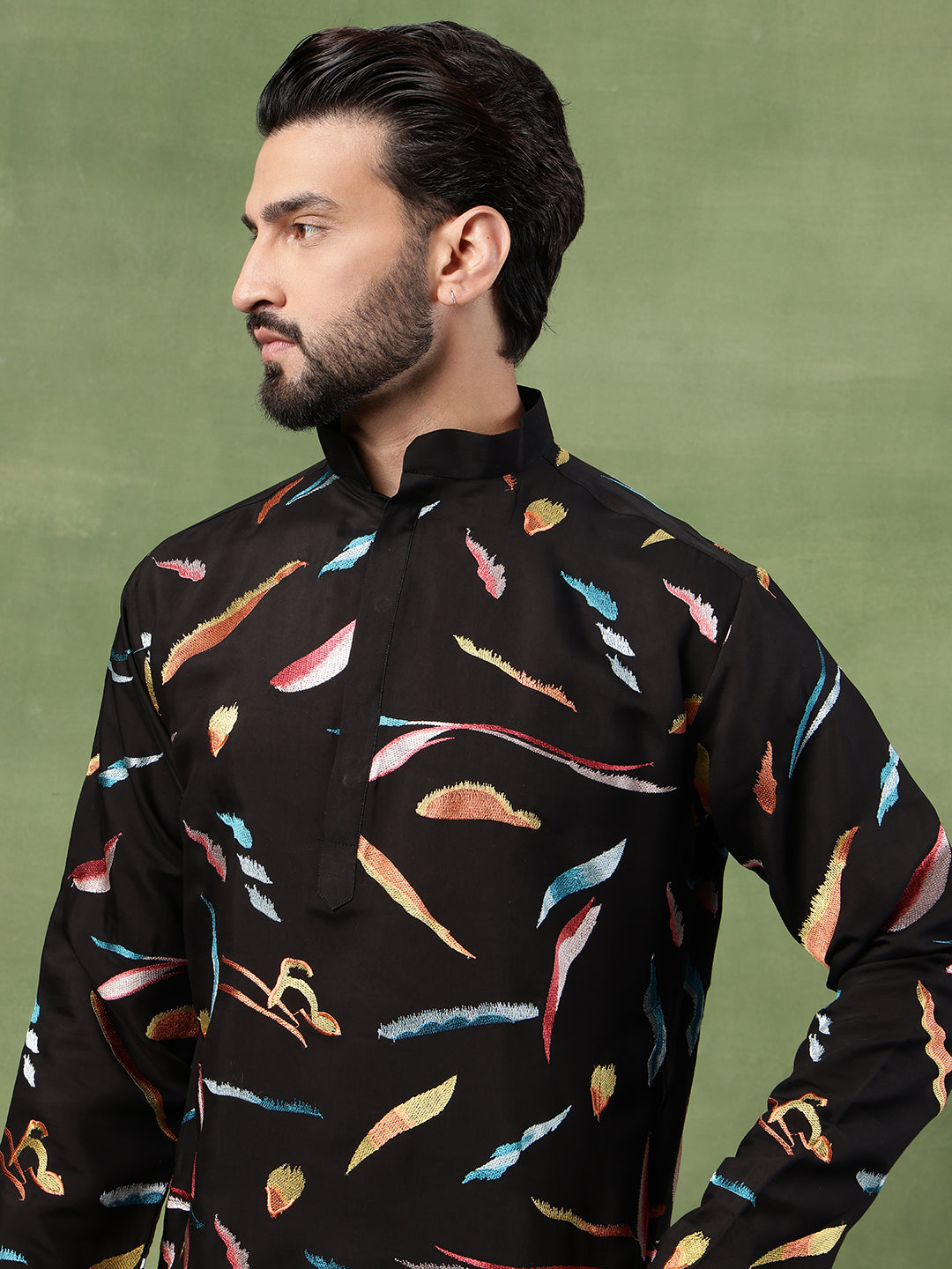 Men's Cotton Multicolor Abstract Embroidered Black Long Kurta