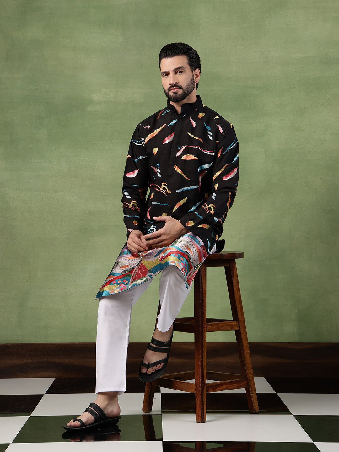 Men's Cotton Multicolor Abstract Embroidered Black Long Kurta