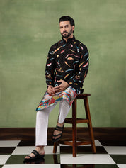 Men's Cotton Multicolor Abstract Embroidered Black Long Kurta