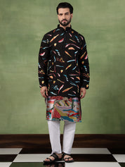 Men's Cotton Multicolor Abstract Embroidered Black Long Kurta