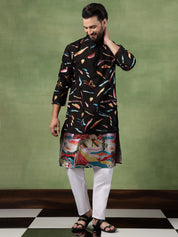 Men's Cotton Multicolor Abstract Embroidered Black Kurta With Pyjama
