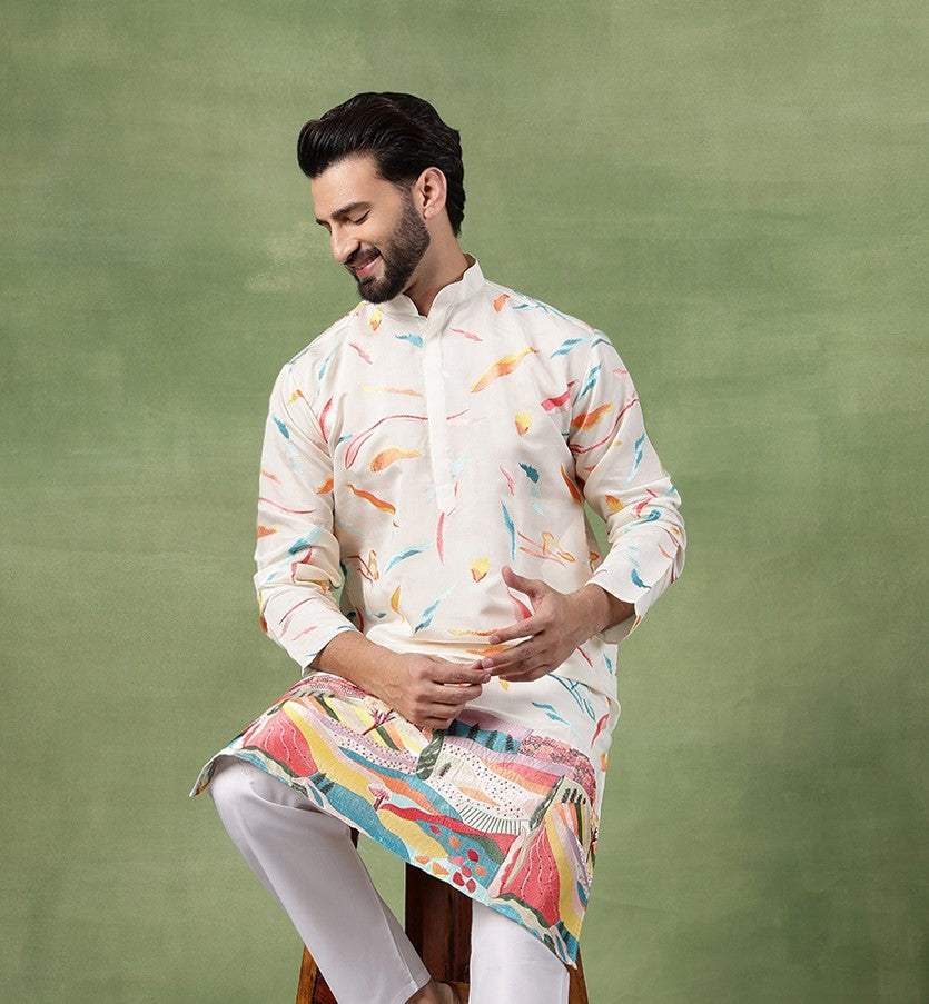 Men's Cotton Multicolor Abstract Embroidered White Long Kurta