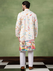 Men's Cotton Multicolor Abstract Embroidered White Long Kurta