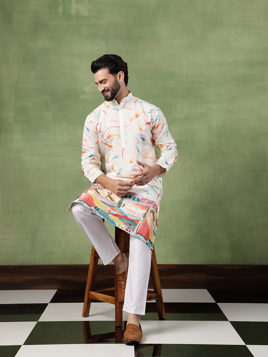 Men's Cotton Multicolor Abstract Embroidered White Kurta With Pyjama