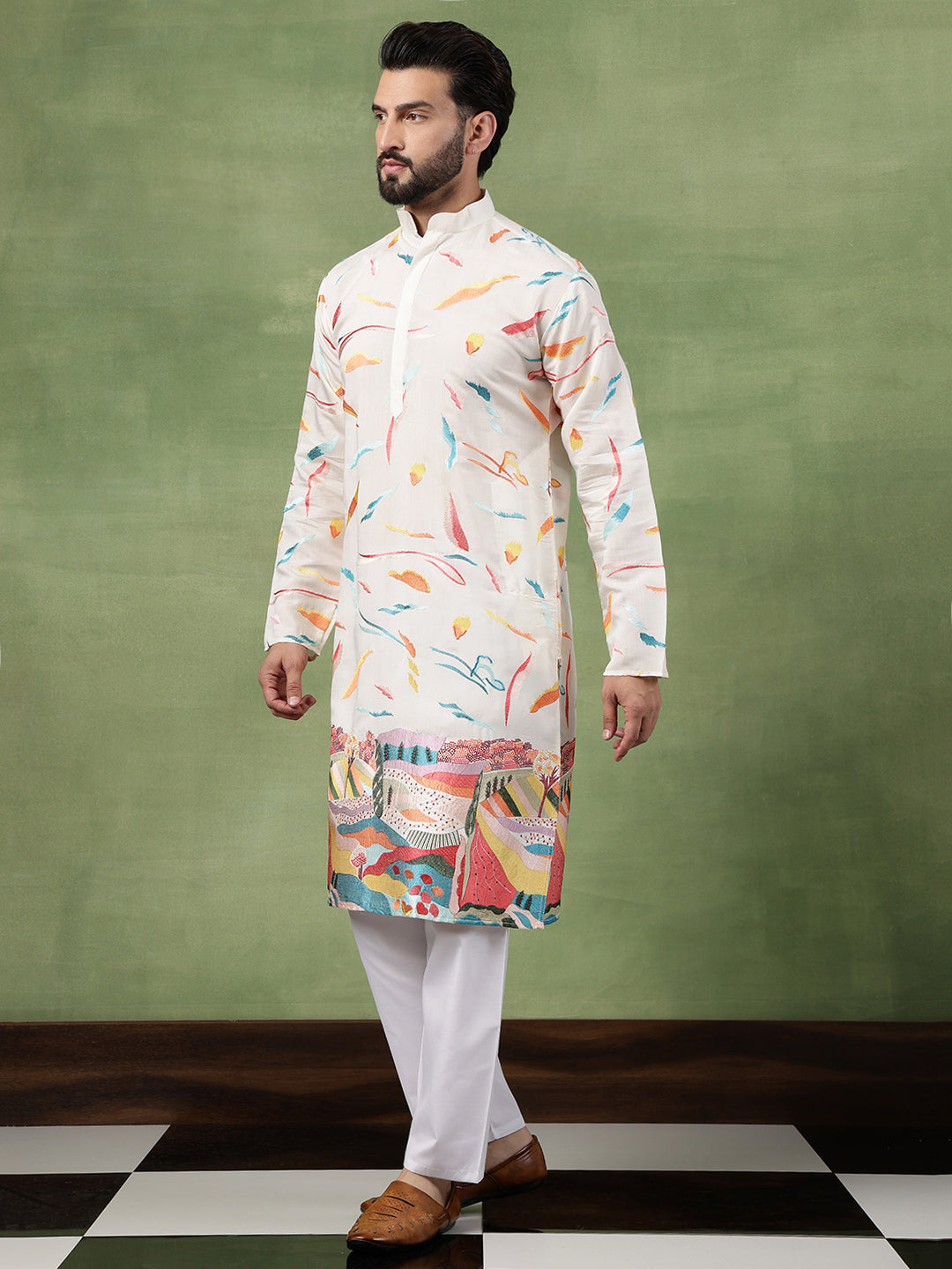 Men's Cotton Multicolor Abstract Embroidered White Kurta With Pyjama