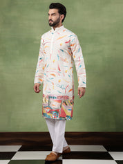 Men's Cotton Multicolor Abstract Embroidered White Kurta With Pyjama