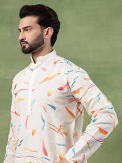 Men's Cotton Multicolor Abstract Embroidered White Kurta With Pyjama