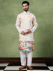 Men's Cotton Multicolor Abstract Embroidered White Kurta With Pyjama