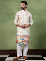 Men's Cotton Multicolor Abstract Embroidered White Kurta With Pyjama