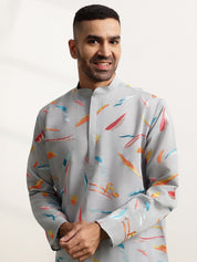 Men's Cotton Multicolor Abstract Embroidered Grey Long Kurta